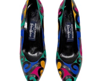 Andrea Pfister Neiman Marcus Vintage Pumps Multi Color Swirl Leather Heels 7.5