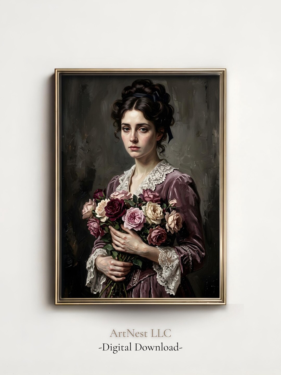 Victorian Woman Roses Dark Academia Floral Art Moody Portrait (digital ...