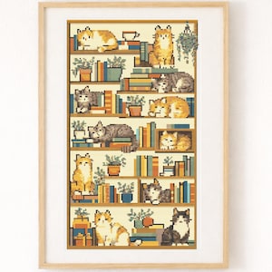 Patrón de punto de cruz de gato de biblioteca, bordado de gatos en estantería, diseño acogedor para sala de lectura, regalo adorable para amantes de los gatos, PDF de arte mural estilo cottagecore
