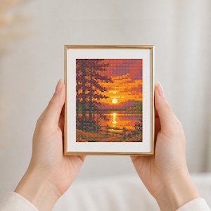 Sunset Lake Cross Stitch Pattern, Forest Landscape Embroidery Chart, Nature Pine Trees Xstitch PDF, Small Sun Reflection Modern Pattern
