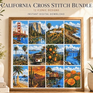 May include: A digital collection titled California Cross Stitch Bundle featuring 12 iconic designs. The grid displays scenes including the Golden Gate Bridge, the Hollywood sign, a cable car, orange trees, a cactus, and California poppies.