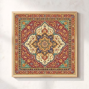Peut inclure: Une œuvre d'art murale carrée encadrée présentant un motif détaillé et complexe rappelant un tapis persan traditionnel. Le design met en valeur un motif central en forme d'étoile bleu foncé, entouré de bordures florales et géométriques crème, rouge et sarcelle.