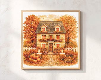 Cottage House Cross Stitch Pattern, Fall Landscape Embroidery Design, Autumn Scene, Cozy Cottagecore Decor, PDF Pattern