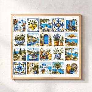 Puede incluir: Un bordado en punto de cruz con marco cuadrado que presenta una cuadrícula de veinte paneles individuales con escenas mediterráneas, incluyendo edificios de cúpulas azules, limones, paisajes costeros, flores y azulejos decorativos.