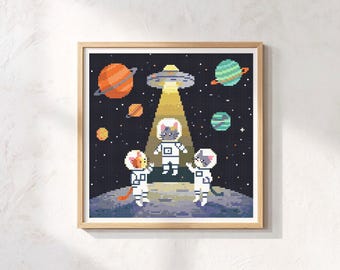 Astronaut Katze Kreuzstich Muster, Space Galaxy Design, UFO-Kätzchen Karte, Kinderzimmer Dekor PDF, Geschenk für Katzenliebhaber, Moderne Kunst Download