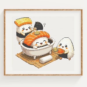 Könnte beinhalten: Ein Pixel-Art-Kreuzstichmuster mit drei anthropomorphen Sushi-Figuren. Ein Sushi-Stück sitzt in einer weißen Badewanne, ein weiteres steht daneben mit einem kleinen Tablett und ein drittes steht dahinter und hält eine schwarze Bürste.