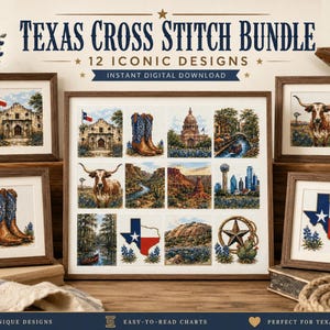 Peut inclure: Un ensemble de points de croix Texas comprenant 12 motifs emblématiques en téléchargement numérique instantané. La collection inclut des images brodées de l'Alamo, de bottes de cow-boy, du capitole, de bétail longhorn, de paysages et du drapeau du Texas.