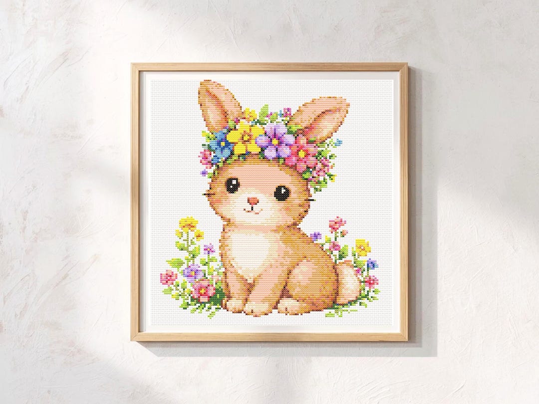 Floral Bunny Cross Stitch Pattern PDF, Spring Hare With Flower Crown ...