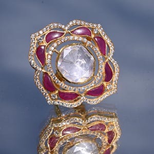 Moissanite Polki Diamond & Ruby Ring : Gold Plated 925 Sterling Silver Wedding Ring