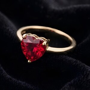 Pode incluir: Um anel de ouro com uma pedra preciosa vermelha escura em forma de coração. A banda do anel é de ouro polido simples, e a pedra preciosa é mantida no lugar por quatro garras de ouro. O anel está sobre um fundo escuro e aveludado.