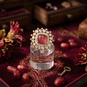 Carved Ruby Ring 925 Sterling Silver 18K Gold Plated Uncut Moissanite Statement Ring