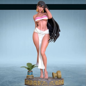 May include: A detailed figurine of a woman in a white skirt and pink and white top, with long black hair and gold earrings. The figure stands on a decorative base with a small plant and a vase. The base has the text "www.patreon.co" and "2020".