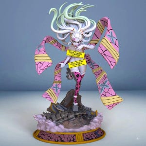 May include: A detailed figurine of a female anime character with flowing white and green hair, adorned with pink and yellow patterned ribbons. The figure stands on a detailed base with a cityscape design. The text "OK030 PRINTING STL MODELS" is visible.