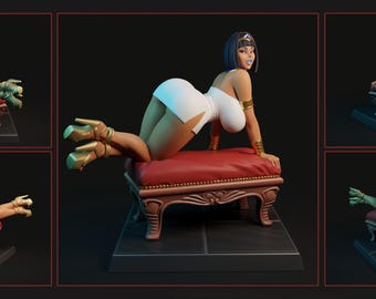 Könnte beinhalten: Eine 3D-Figur einer Person mit dunklem Haar, die ein weißes trägerloses Kleid und goldenen Schmuck trägt und auf einer roten gepolsterten Bank posiert. Die Figur hat goldene High-Heels und wird in einer Komposition aus mehreren Winkeln gezeigt.