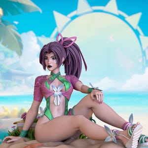 May include: A figurine of a woman with purple hair and a summer outfit. The figure is wearing a pink and green swimsuit with flower accents, sandals, and a matching hair accessory. The background features a beach scene with a blue sky and stylized sun.
