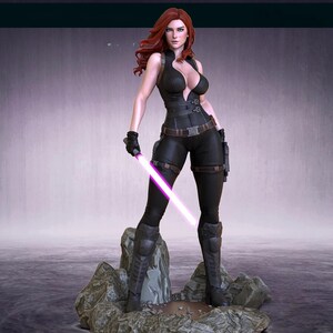 May include: A detailed figurine of a woman in a black jumpsuit, holding a purple lightsaber. The figure has red hair and is posed on a rocky base. The jumpsuit has a plunging neckline and belt details.