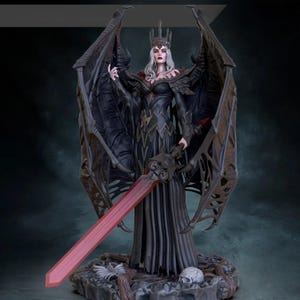 May include: A detailed statue of a queen with long white hair, a crown, and large, dark wings. She wears a black dress and holds a red sword. The statue is on a rocky base with a skull.