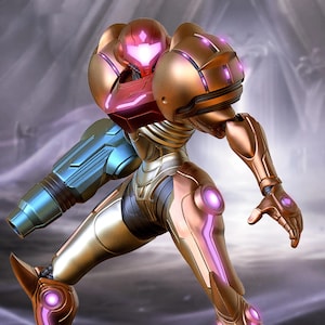 May include: A detailed action figure of a futuristic armored character. The figure features a gold, bronze, and blue color scheme with glowing purple accents. The helmet has a red visor, and the figure is posed in a dynamic stance.