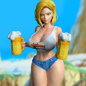 May include: A blonde anime-style figurine wearing a white tank top with the Hooters logo and blue denim shorts. The figure holds a yellow beer mug with white foam in each hand, featuring teal eyes, gold hoop earrings, and a fair skin tone.