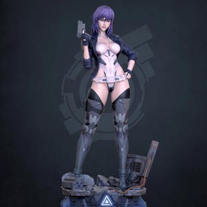 May include: A detailed figurine of a woman with purple hair, wearing a black jacket, white bodysuit, and gray armored leggings. She holds a gun and stands on a rocky base with a futuristic design.