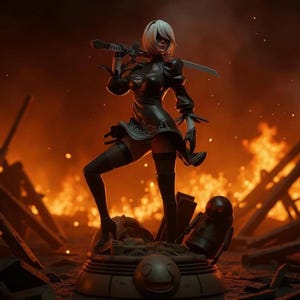 Peut inclure: Figurine détaillée d'un personnage féminin du jeu vidéo Nier: Automata, posant avec une épée. Elle porte une robe noire et a les cheveux blancs. L'arrière-plan présente des flammes et des débris, créant une scène dramatique.