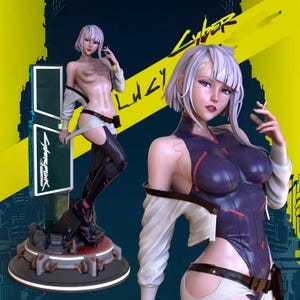 May include: A detailed figurine of a female character from Cyberpunk 2077, Lucy, with short white hair and a cigarette. She wears a purple bodysuit, white shirt, and black leggings. The base features the Cyberpunk logo and a futuristic design. The background is blue and yellow.