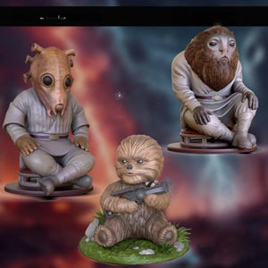 May include: Three detailed figurines of Star Wars characters. One is a brown, furry Chewbacca-like figure holding a blaster. Another is a tan-skinned alien with large eyes. The third is a brown-bearded alien. All are seated.