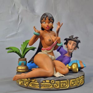 May include: A hand-painted resin figurine featuring a dark-haired character with a surprised expression, draped in a white and pink cloth, seated on a circular stone-textured base with gold-colored carvings, next to a potted plant and a male figure.