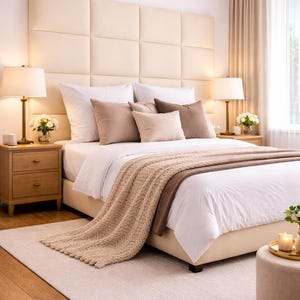 May include: A bedroom interior featuring a large, beige upholstered headboard and a bed dressed with white bedding and neutral-toned cushions. A knitted throw is draped over the bed. Bedside tables with lamps are positioned on either side, with a rug on the wooden floor.