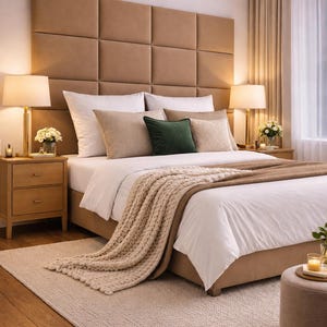May include: A bedroom interior with a large bed featuring a tan, square-panelled headboard. The bed is dressed with white bedding, decorative pillows, and a beige throw. Wooden bedside tables with lamps complete the scene.