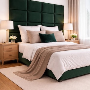 Luxury Dark Green Velvet Upholstered Wall Panels, Padded Headboard Wall Tiles, Wall Decor, Soft Wall Panels, Bedroom Feature Wall Panels