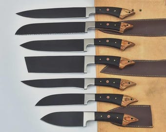 Juego de cuchillos de cocina artesanales - Colección de 7 cuchillos de cocina con funda de cuero