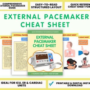 Op de afbeelding: Een spiekbriefje getiteld "External Pacemaker Cheat Sheet" met een illustratie van een medisch apparaat. De gids bevat secties over indicaties, introductie en klinische praktijk. De tekst bevat "Comprehensive External Pacemaker Guide" en "Quick Reference for Nurses & Students."