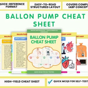 May include: A collection of medical cheat sheets with the title "BALLON PUMP CHEAT SHEET" in green and white. The sheets cover IABP concepts and include diagrams of the heart and medical equipment. The layout is designed for quick reference and self-testing.