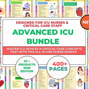 Op de afbeelding: Een educatieve bundel voor IC-verpleegkundigen en intensive care-personeel. De afbeelding toont de tekst "Advanced ICU Bundle" en "Master ICU Devices & Critical Care Concepts Fast". Bevat meer dan 400 pagina's en 7+ producten, editie 2026.