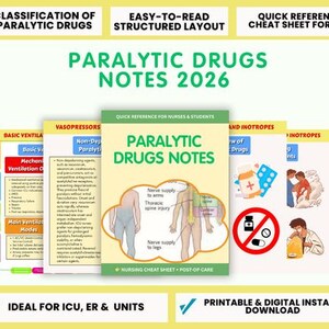 Könnte beinhalten: Eine Sammlung medizinischer Nachschlagewerke mit dem Titel "Paralytic Drugs Notes 2026". Die Ratgeber enthalten detaillierte Informationen zu paralytischen Medikamenten, mit Abschnitten über die grundlegende Beatmung und Vasopressoren. Für Krankenschwestern und Studenten.