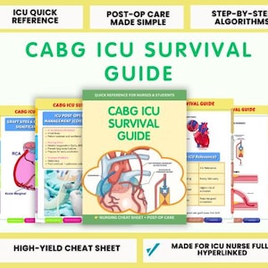 Puede incluir: Una guía médica titulada "CABG ICU Survival Guide" con ilustraciones del corazón y diagramas médicos. La guía es una referencia rápida para enfermeras y estudiantes. El texto adicional incluye "High-Yield Cheat Sheet" y "Made for ICU Nurse Fully Hyperlinked".