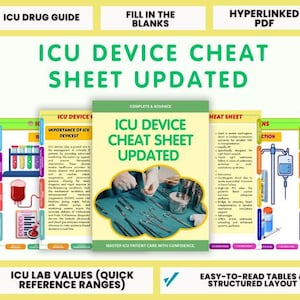 May include: A collection of medical reference sheets titled "ICU Device Cheat Sheet Updated." The sheets include information on ICU devices, lab values, and easy-to-read tables. The cover features surgical tools and the text "Master ICU Patient Care with Confidence."