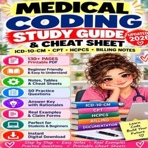 Studiegids medische codering en spiekbriefje 2026 | ICD-10-CM Cpt Hcpcs-factuurnota's | Afdrukbare pdf met meer dan 130 pagina's