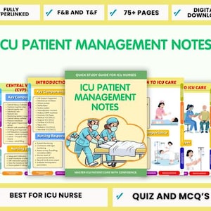 May include: A collection of digital study guides titled "ICU Patient Management Notes." The guides feature illustrations of medical personnel and patients, with text including "Quick Study Guide for ICU Nurses" and "Master ICU Patient Care with Confidence."