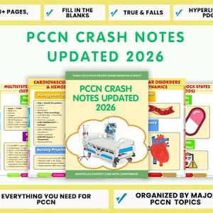 Può includere: Una pila di guide allo studio intitolate "PCCN Crash Notes Updated 2026". Le guide presentano un tema medico con illustrazioni di un letto d'ospedale, un cuore e una pillola. Il testo include "80+ pagine", "Riempi gli spazi vuoti" e "Organizzato per argomenti principali PCCN".