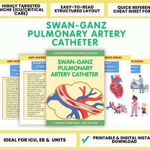 May include: A collection of medical reference guides for nurses and students. The central guide is titled "Swan-Ganz Pulmonary Artery Catheter" with an illustration of the catheter. Other guides cover topics like anti-hypertensives and intensive drugs. The guides are designed for ICU, ER, and units.