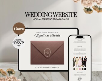 Può includere: Un modello di sito web per matrimoni digitale con una combinazione di colori moka e marrone espresso. Il display mostra una busta marrone con un monogramma floreale, il testo "Sealed and sent with love from Maddie & Charlie" e una vista mobile.