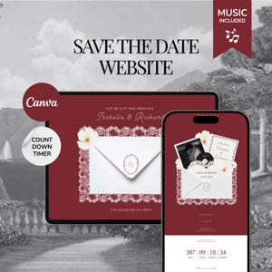 Op de afbeelding: Een digitale save the date website sjabloon weergegeven op een tablet en smartphone. Het ontwerp heeft een dieprode achtergrond, witte kanten randen, bloemaccenten en een envelopafbeelding met de tekst Isabella & Richard en een afteltimer.