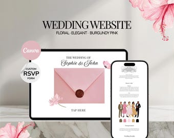Modello di sito web per matrimonio con motivo floreale bordeaux e rosa / Invito digitale romantico in Canva (RSVP)