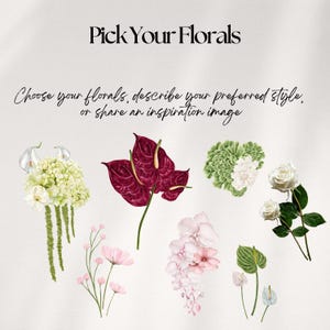 Puede incluir: Imagen que presenta una variedad de arreglos florales, incluyendo calas blancas, anturios burdeos y rosas blancas. El texto dice "Pick Your Florals" y "Elige tus flores, describe tu estilo preferido o comparte una imagen de inspiraci&oacute;n."