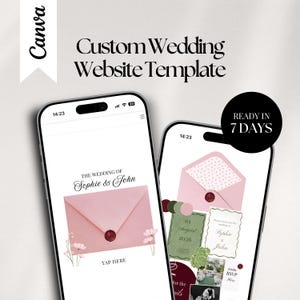 Op de afbeelding: Twee smartphones tonen een aangepaste website-sjabloon voor bruiloften. Het ontwerp toont een roze envelop met een zegel, bloemmotieven en de tekst "The Wedding of Sophie & John". De website is klaar in 7 dagen.