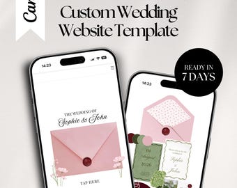 Può includere: Due smartphone mostrano un modello di sito web di matrimonio personalizzato. Il design presenta una busta rosa con sigillo di cera, dettagli floreali e il testo "The Wedding of Sophie & John". Il sito web è pronto in 7 giorni.
