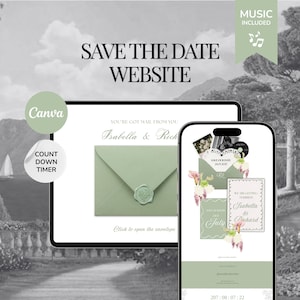 May include: A digital save the date website template displayed on a tablet and smartphone. The design features a sage green envelope with a wax seal, floral accents, and text reading Isabella & Richard. Includes a countdown timer and music.