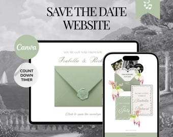 Può includere: Un modello di sito web digitale per save the date visualizzato su un tablet e uno smartphone. Il design presenta una busta verde salvia con un sigillo di cera, accenti floreali e il testo Isabella & Richard. Include un timer per il conto alla rovescia.